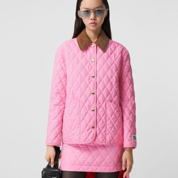 BURBERRY Diamond quilted jacket XS BUBBLE GUM Pink brown corduroy collar 🌟 HP - Picture 1 of 16